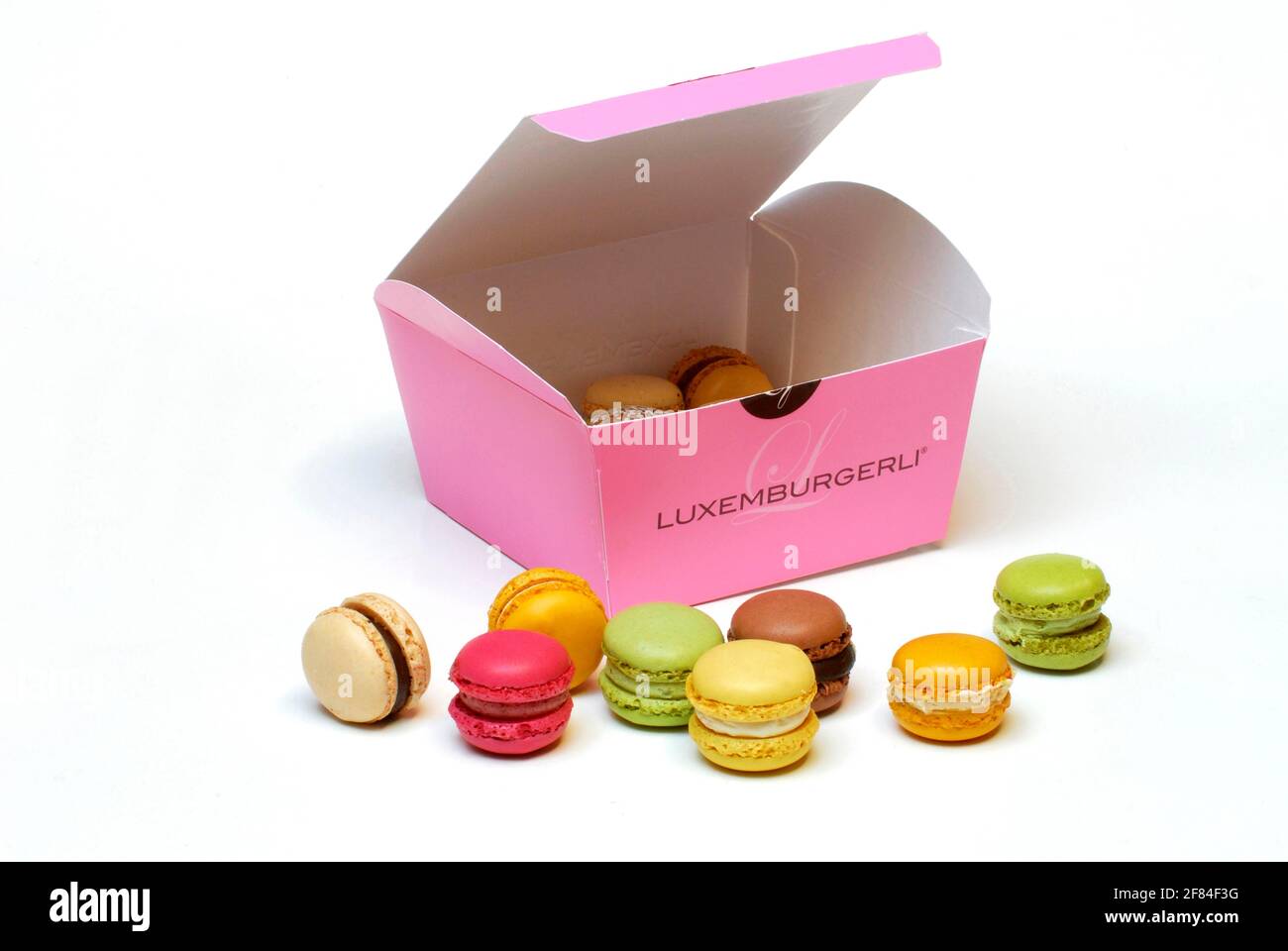 Luxemburgerli confectionery with packaging, Macaron, speciality of Confiserie Spruengli, cardboard box Stock Photo