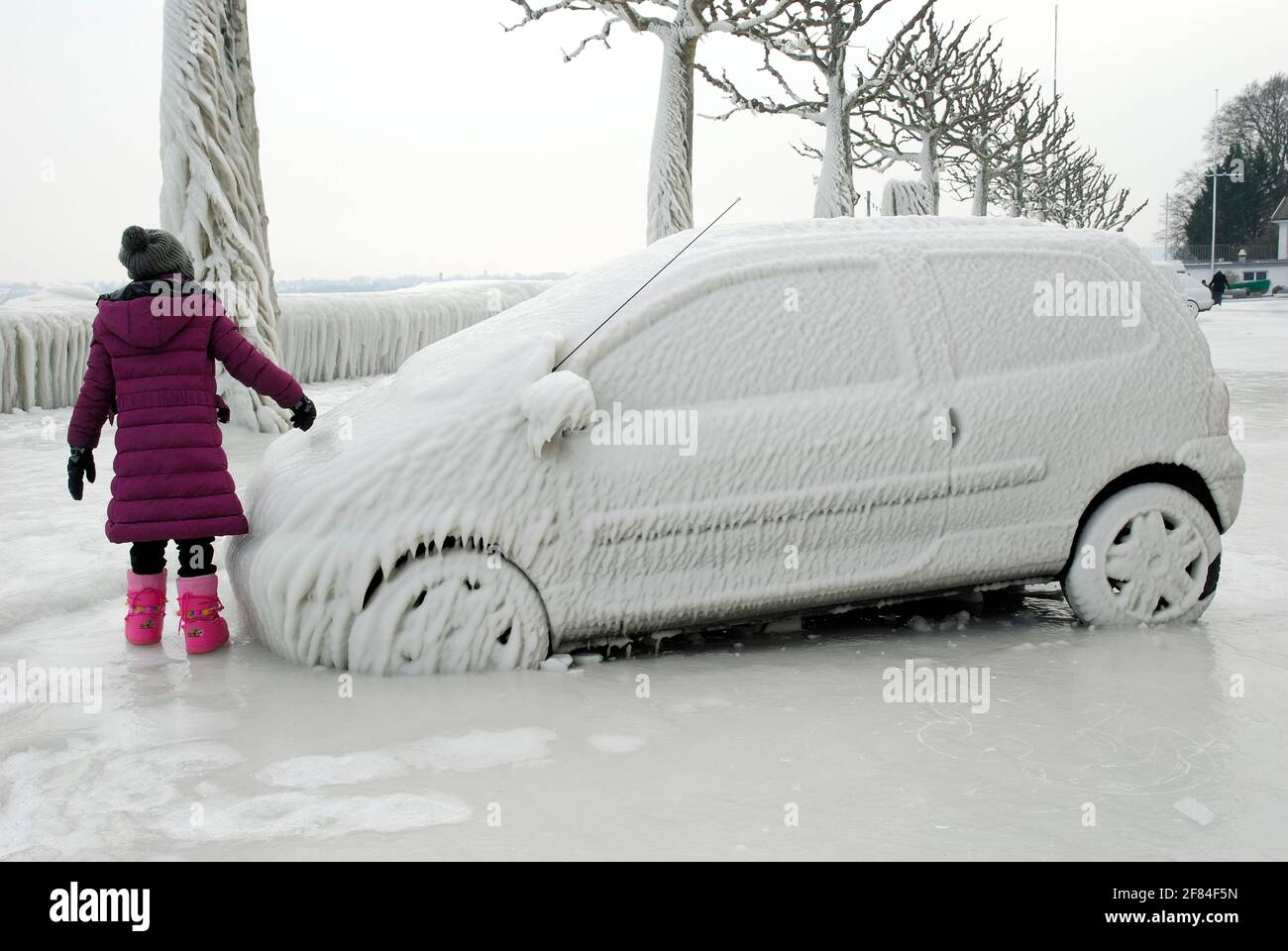 Car covered with ice, ice sheet, ice shield, Lake Geneva, Versoix, Canton Geneva, Switzerland Stock Photo