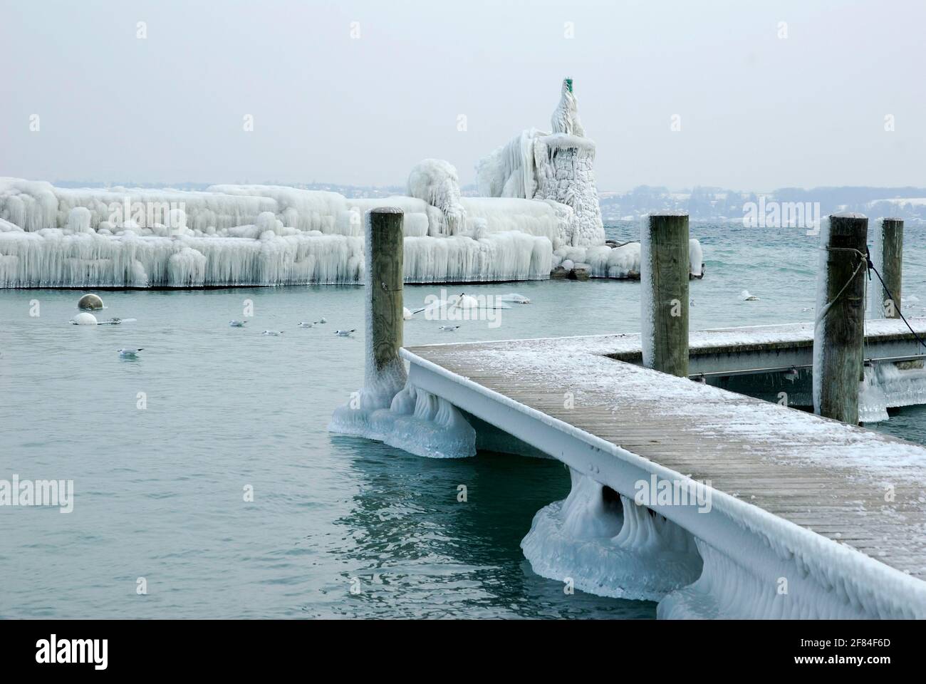 Iced port entrance, ice layer, ice shield, Lake Geneva, Versoix, Canton Geneva, Switzerland Stock Photo