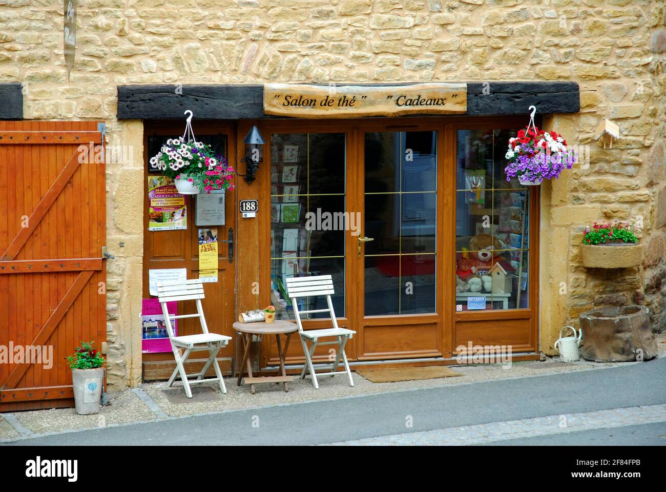 Shop and tea salon in Oingt, Beaujolais, France Stock Photo