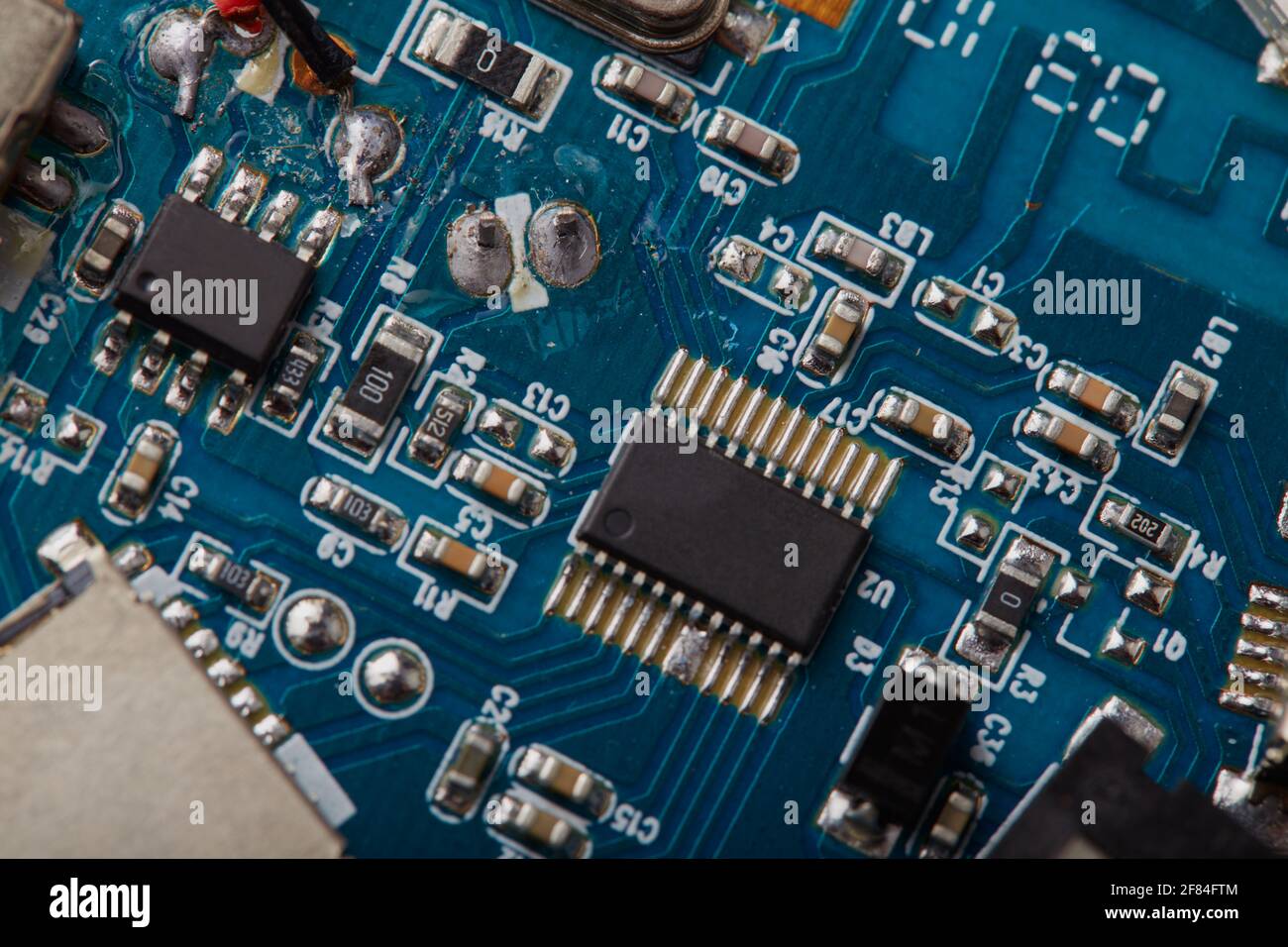 Electronic circuit board close up details. Stock Photo