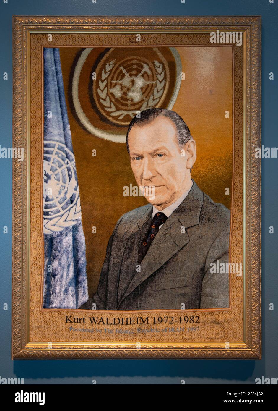 Portrait Javier Perez de Cuellar, Ehemaliger Generalsekretaer der Vereinten Nationen, Hauptquartier der Vereinten Nationen, UNO-Hauptquartier Stock Photo