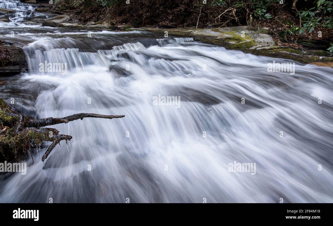 Falls Branch, Chattahoochee National Forest - Rabun County, Georgia. Falls Branch flows down the mountain on a cold spring morning. Stock Photo