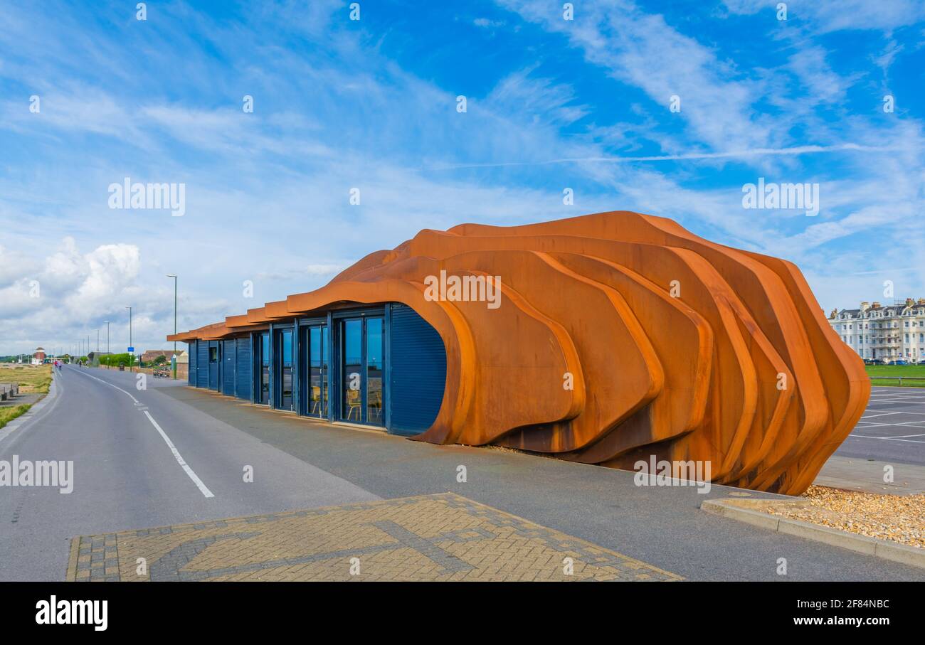 East Beach Cafe on the Promenade in Summer in Littlehampton, West Sussex, England UK. Designed by Thomas Heatherwick to resemble driftwood. Stock Photo