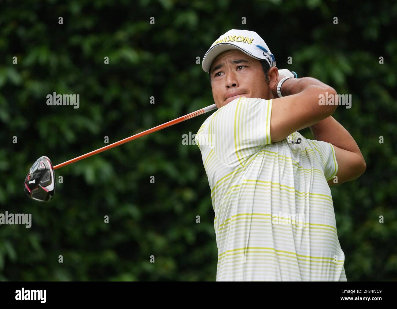 Augusta, United States. 11th Apr, 2021. Hideki Matsuyama of Japan hits off the 2nd tee during the final round of the 2021 Masters Tournament at the Augusta National Golf Club in Augusta, Georgia on Sunday, April 11, 2021. Photo by Kevin Dietsch/UPI Credit: UPI/Alamy Live News Stock Photo