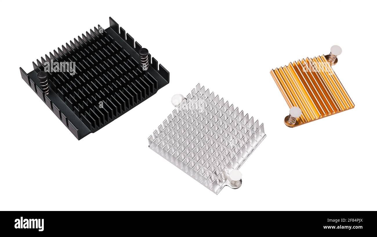 Metal heatsinks of anodized aluminum. Coolers for remove waste heat of computer and electronic devices as integrated circuit, chipset or graphics card. Stock Photo