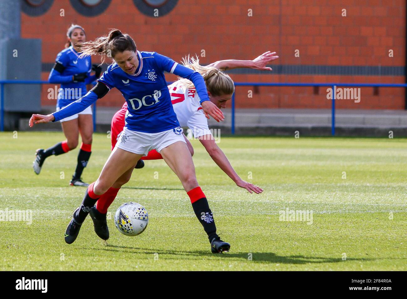 Glasgow, UK. 11th Apr, 2021. Lizzie Arnot (#15) of Rangers Women FC wins the ball during the Scottish Building Society SWPL1 Fixture Rangers FC vs Spartans FC at Rangers Training Centre, Glasgow, 11/04/2021 | Images courtesy of www.collargeimages.co.uk Credit: Colin Poultney/Alamy Live News Stock Photo