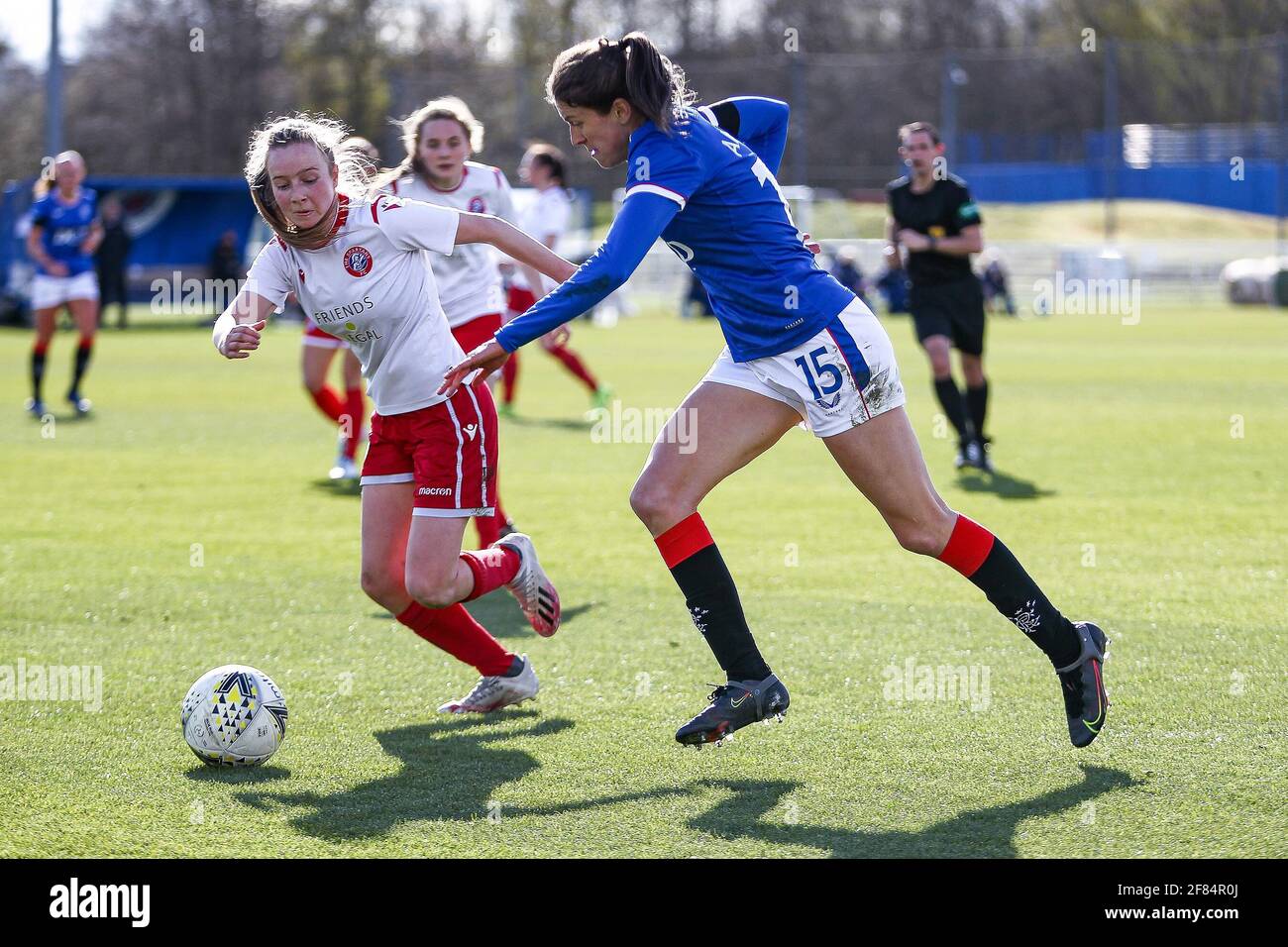 Glasgow, UK. 11th Apr, 2021. Lizzie Arnot (#15) of Rangers Women FC looks to beat the Soartans defence during the Scottish Building Society SWPL1 Fixture Rangers FC vs Spartans FC at Rangers Training Centre, Glasgow, 11/04/2021 | Images courtesy of www.collargeimages.co.uk Credit: Colin Poultney/Alamy Live News Stock Photo