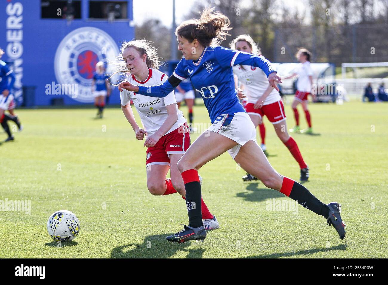 Glasgow, UK. 11th Apr, 2021. Lizzie Arnot (#15) of Rangers Women FC looks to beat the Soartans defence during the Scottish Building Society SWPL1 Fixture Rangers FC vs Spartans FC at Rangers Training Centre, Glasgow, 11/04/2021 | Images courtesy of www.collargeimages.co.uk Credit: Colin Poultney/Alamy Live News Stock Photo