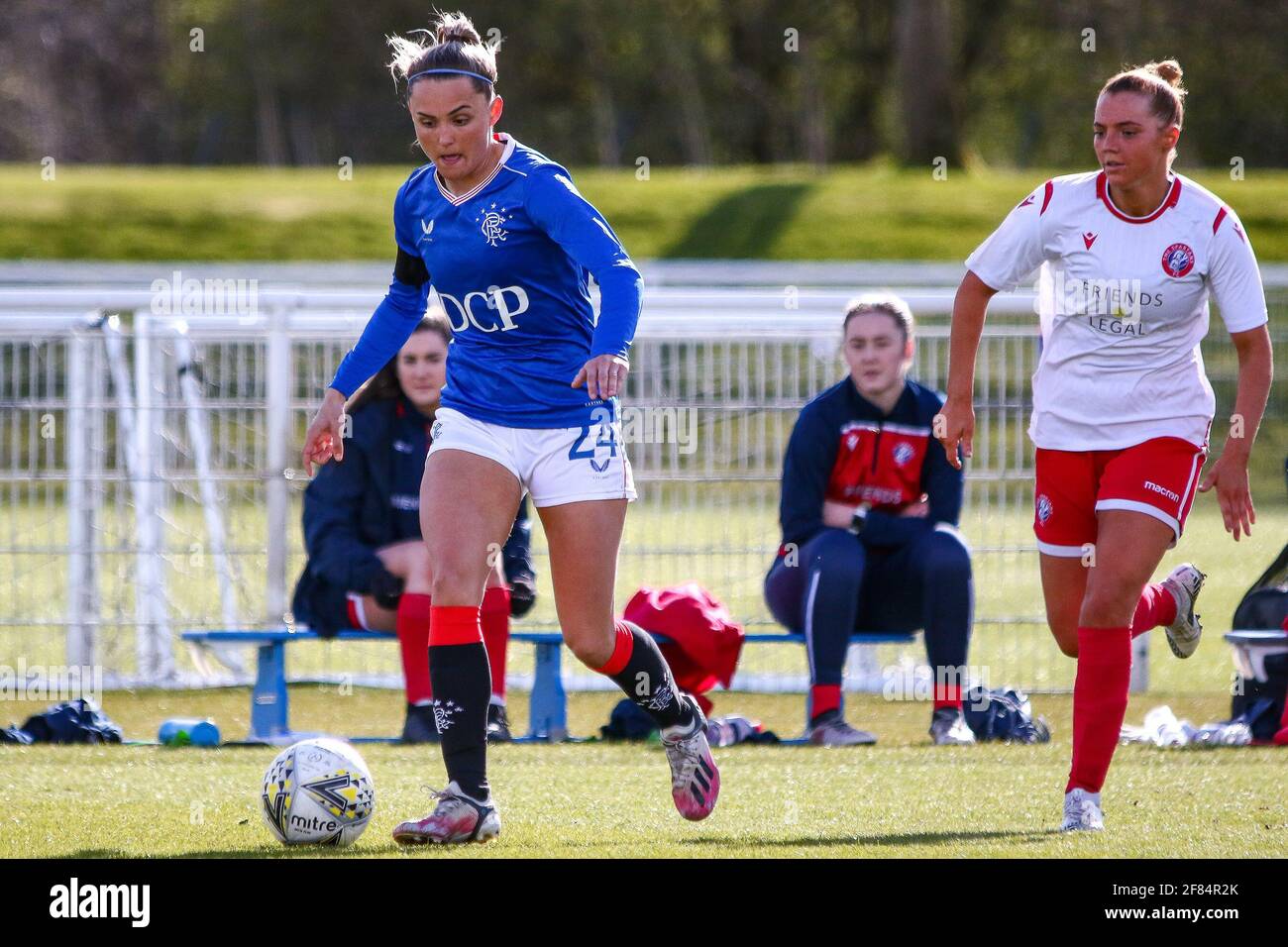 Glasgow, UK. 11th Apr, 2021. Sam Kerr (#24) of Rangers Women FC on the ball during the Scottish Building Society SWPL1 Fixture Rangers FC vs Spartans FC at Rangers Training Centre, Glasgow, 11/04/2021 | Images courtesy of www.collargeimages.co.uk Credit: Colin Poultney/Alamy Live News Stock Photo