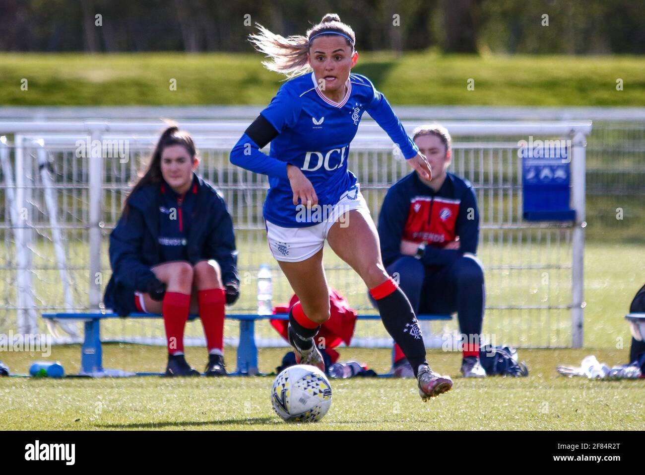 Glasgow, UK. 11th Apr, 2021. Sam Kerr (#24) of Rangers Women FC on the ball during the Scottish Building Society SWPL1 Fixture Rangers FC vs Spartans FC at Rangers Training Centre, Glasgow, 11/04/2021 | Images courtesy of www.collargeimages.co.uk Credit: Colin Poultney/Alamy Live News Stock Photo