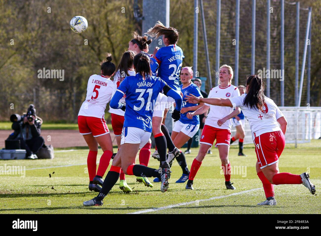 Glasgow, UK. 11th Apr, 2021. GOAL! Zoe Ness (#9) of Rangers Women FC) rises above everyone to score with a header during the Scottish Building Society SWPL1 Fixture Rangers FC vs Spartans FC at Rangers Training Centre, Glasgow, 11/04/2021 | Images courtesy of www.collargeimages.co.uk Credit: Colin Poultney/Alamy Live News Stock Photo