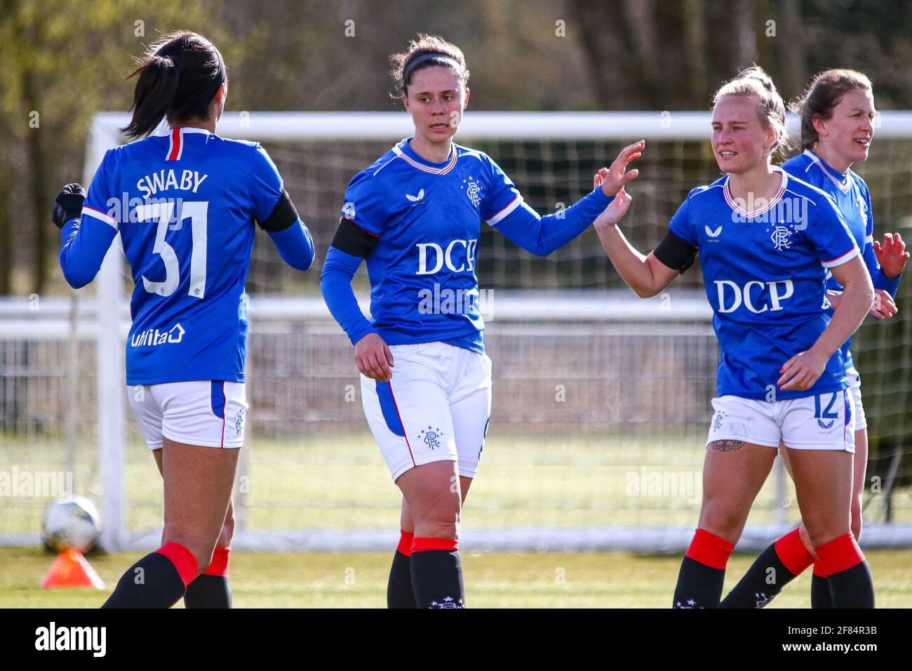Glasgow, UK. 11th Apr, 2021. Zoe Ness (#9) of Rangers Women FC celebrates her teams 2nd goal of the game with team mates during the Scottish Building Society SWPL1 Fixture Rangers FC vs Spartans FC at Rangers Training Centre, Glasgow, 11/04/2021 | Images courtesy of www.collargeimages.co.uk Credit: Colin Poultney/Alamy Live News Stock Photo