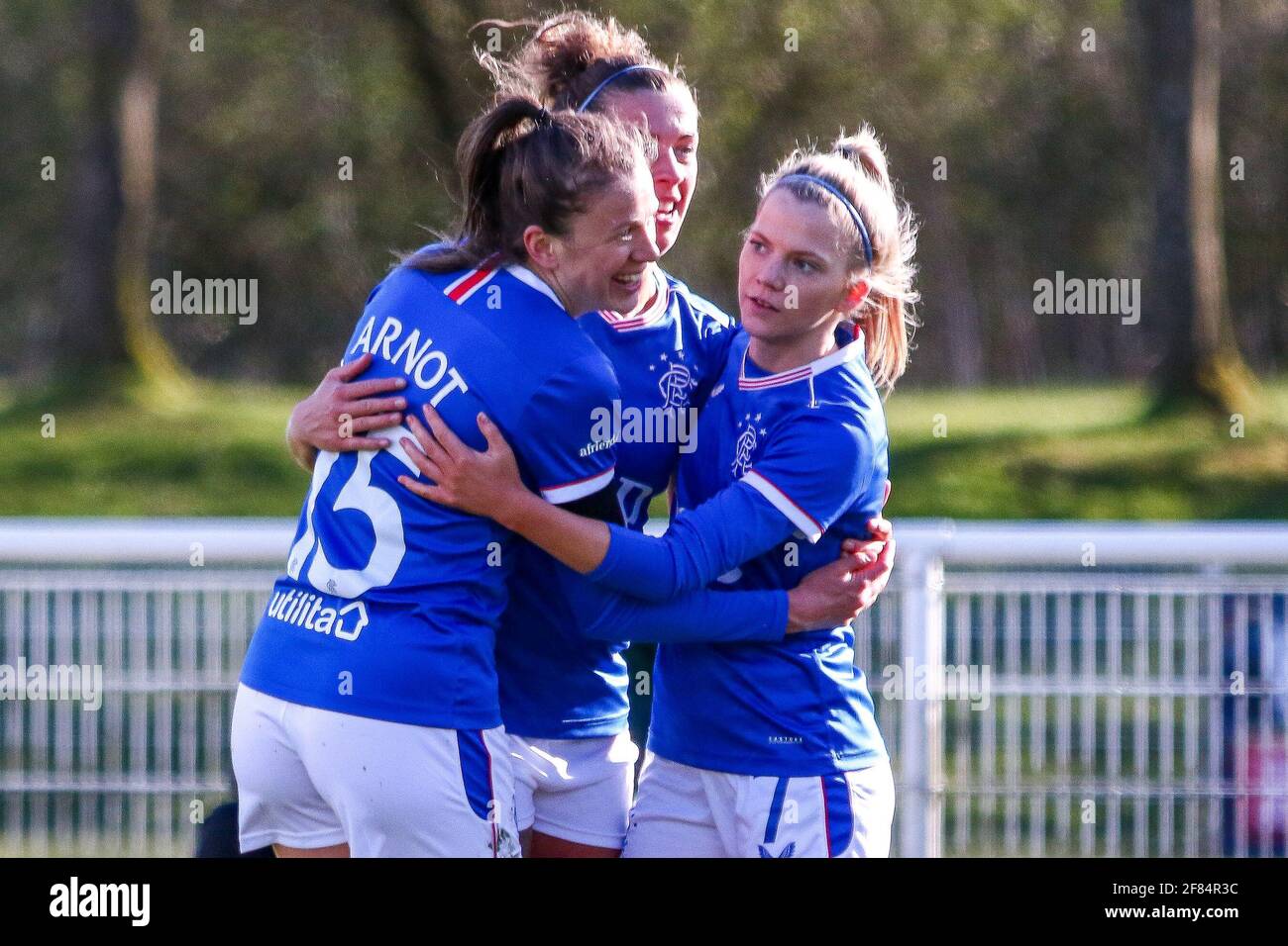 Glasgow, UK. 11th Apr, 2021. GOAL! Lizzie Arnot (#15) of Rangers Women FC celebrates with team mates Brogan Hay (#7) & Nicola Docherty (#2) during the Scottish Building Society SWPL1 Fixture Rangers FC vs Spartans FC at Rangers Training Centre, Glasgow, 11/04/2021 | Images courtesy of www.collargeimages.co.uk Credit: Colin Poultney/Alamy Live News Stock Photo