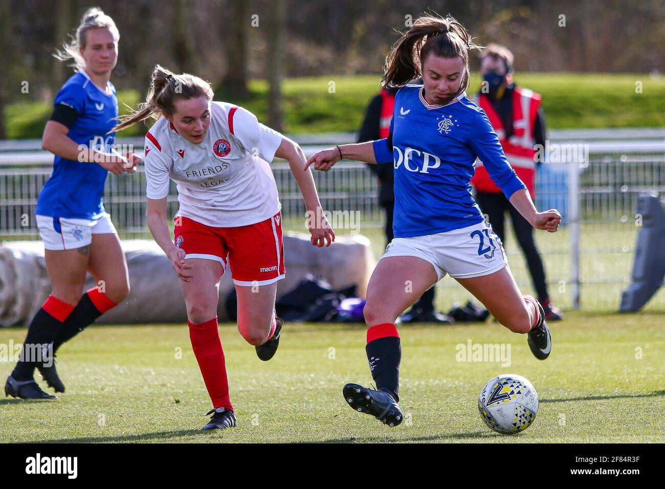 Glasgow, UK. 11th Apr, 2021. Kirsty Howart (#21) of Rangers Women FC with a shot at goal during the Scottish Building Society SWPL1 Fixture Rangers FC vs Spartans FC at Rangers Training Centre, Glasgow, 11/04/2021 | Images courtesy of www.collargeimages.co.uk Credit: Colin Poultney/Alamy Live News Stock Photo