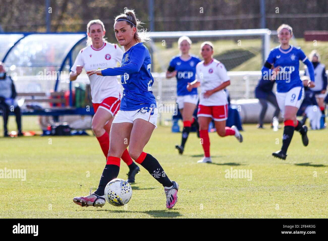 Glasgow, UK. 11th Apr, 2021. Sam Kerr (#24) of Rangers Women FC plays atheorugh ball during the Scottish Building Society SWPL1 Fixture Rangers FC vs Spartans FC at Rangers Training Centre, Glasgow, 11/04/2021 | Images courtesy of www.collargeimages.co.uk Credit: Colin Poultney/Alamy Live News Stock Photo