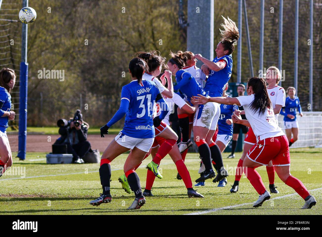 Glasgow, UK. 11th Apr, 2021. GOAL! Zoe Ness (#9) of Rangers Women FC) rises above everyone to score with a header during the Scottish Building Society SWPL1 Fixture Rangers FC vs Spartans FC at Rangers Training Centre, Glasgow, 11/04/2021 | Images courtesy of www.collargeimages.co.uk Credit: Colin Poultney/Alamy Live News Stock Photo