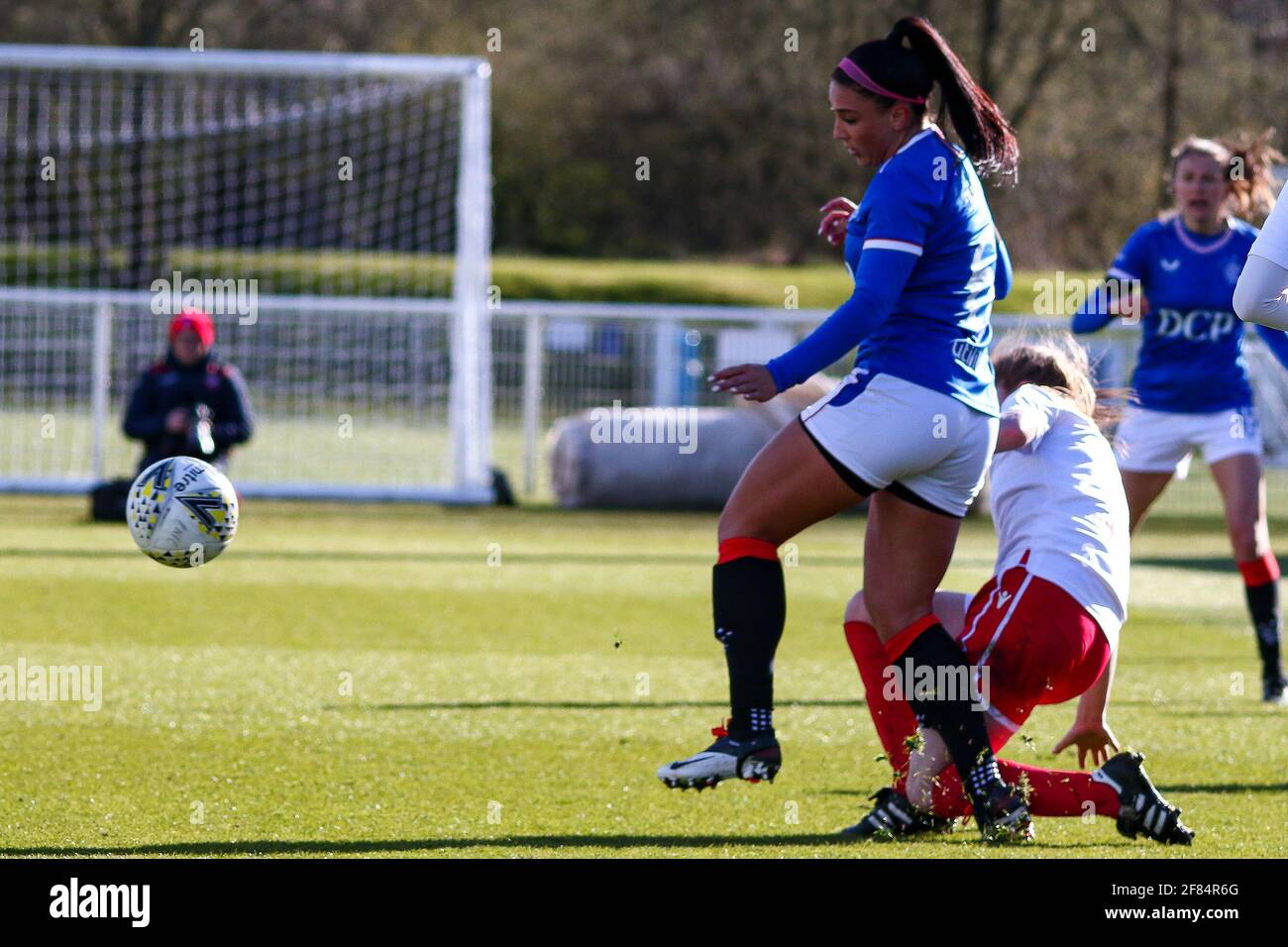 Glasgow, UK. 11th Apr, 2021. Sonia O'Neill (#6) of Rangers Women FC gets tackled during the Scottish Building Society SWPL1 Fixture Rangers FC vs Spartans FC at Rangers Training Centre, Glasgow, 11/04/2021 | Images courtesy of www.collargeimages.co.uk Credit: Colin Poultney/Alamy Live News Stock Photo