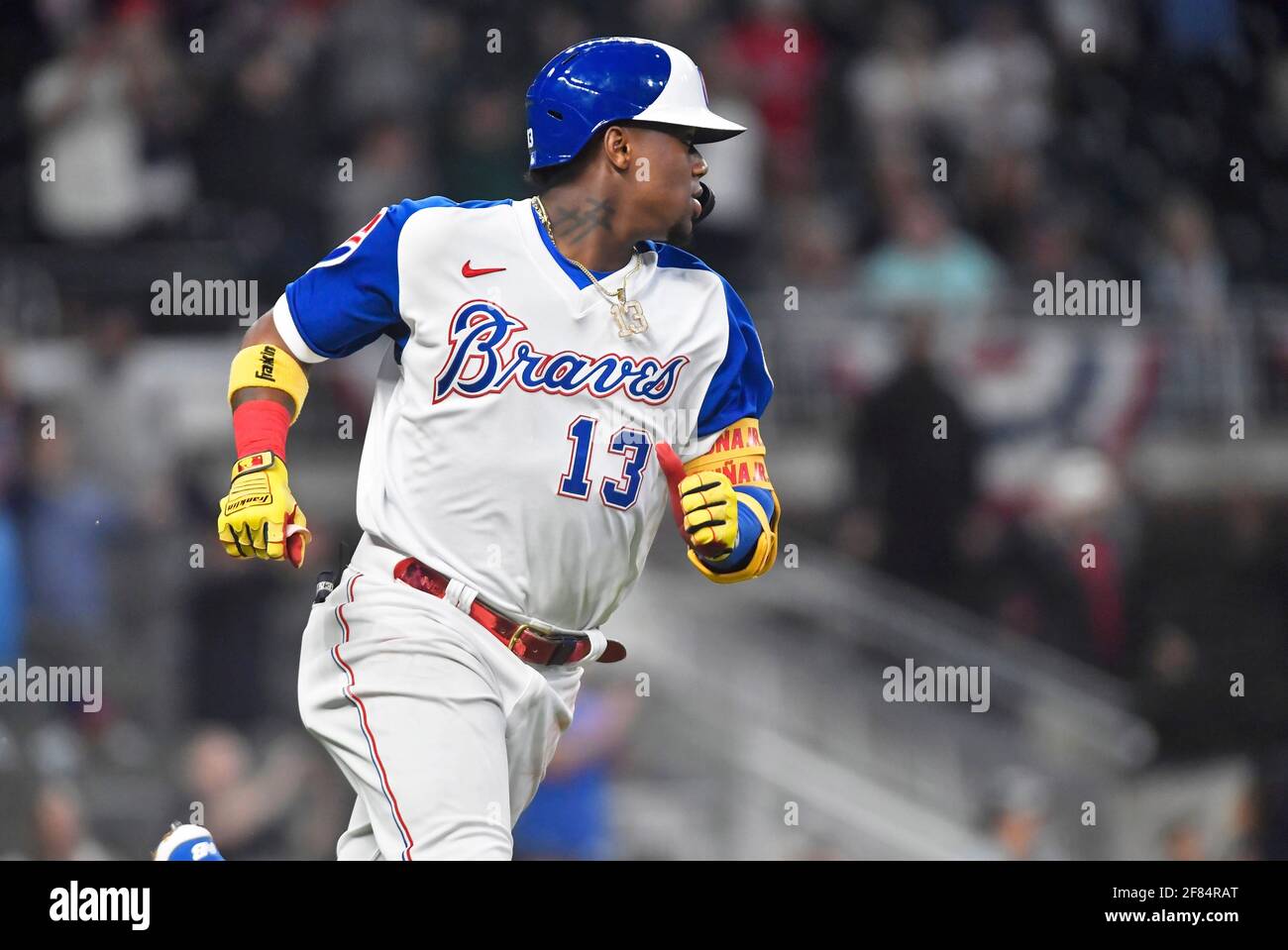 April 10, 2021: Atlanta Braves outfielder Ronald Acuna Jr. runs to first  base after hitting a single during the seventh inning of a MLB game against  the Philadelphia Phillies at Truist Park