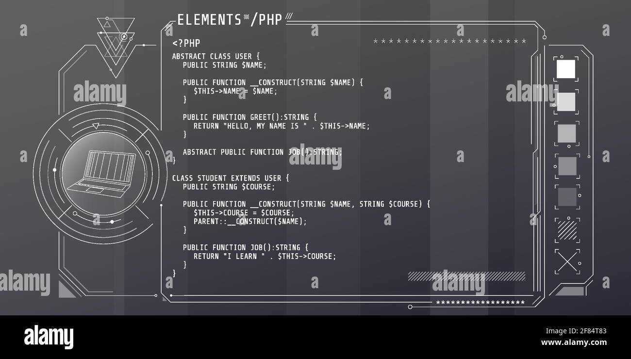 HUD interface elements with part of the code PHP. Stock Vector