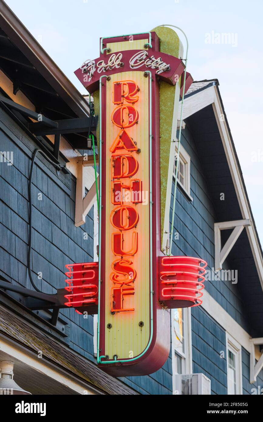 Fall City, WA, USA - April 11, 2021; Neon sign for the Fall City Roadhouse in the Snoqualmie Valley which featured in the TV series Twin Peaks Stock Photo