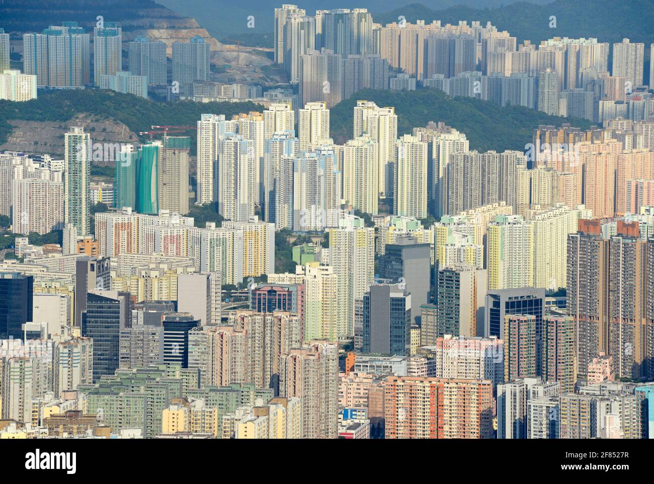 View over the Kowloon peninsular in Hong Kong, China, taken from the Kowloon hills to the north Stock Photo