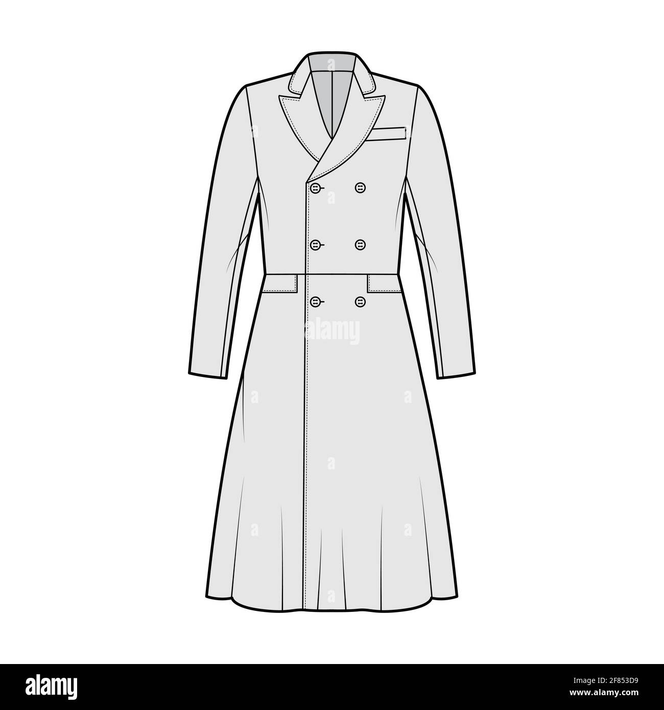 Frock coat technical fashion illustration with double breasted, fitted body, long sleeves, round collar peak, A-line skirt. Flat jacket template front, grey color style. Women, men, unisex CAD mockup Stock Vector