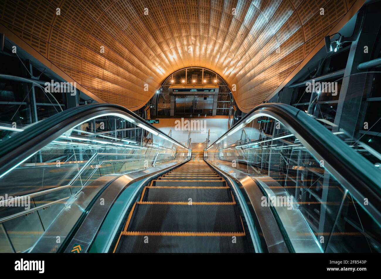 Dubai, United Arab Emirates - March 31, 2021: Dubai metro station interior at Downtown Dubai exiting at Sheikh Zayed road south in the UAE at night Stock Photo