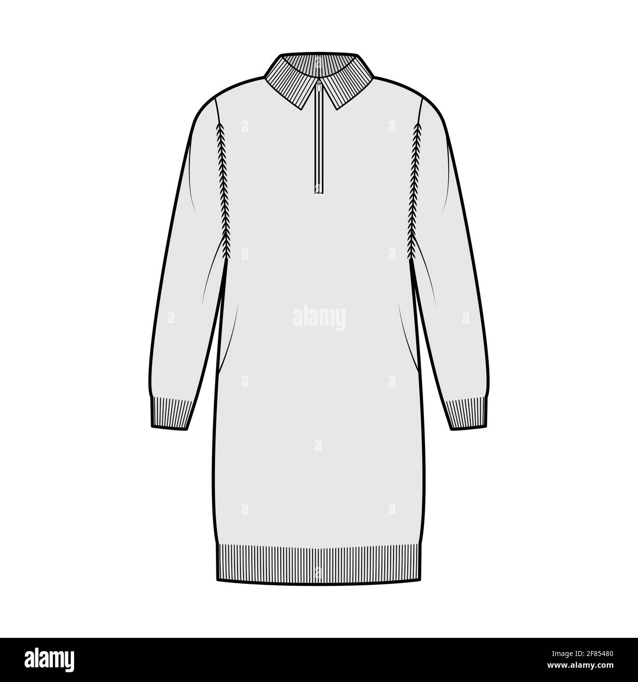 Zipup dress Sweater technical fashion illustration with rib henley neck, classic collar, long