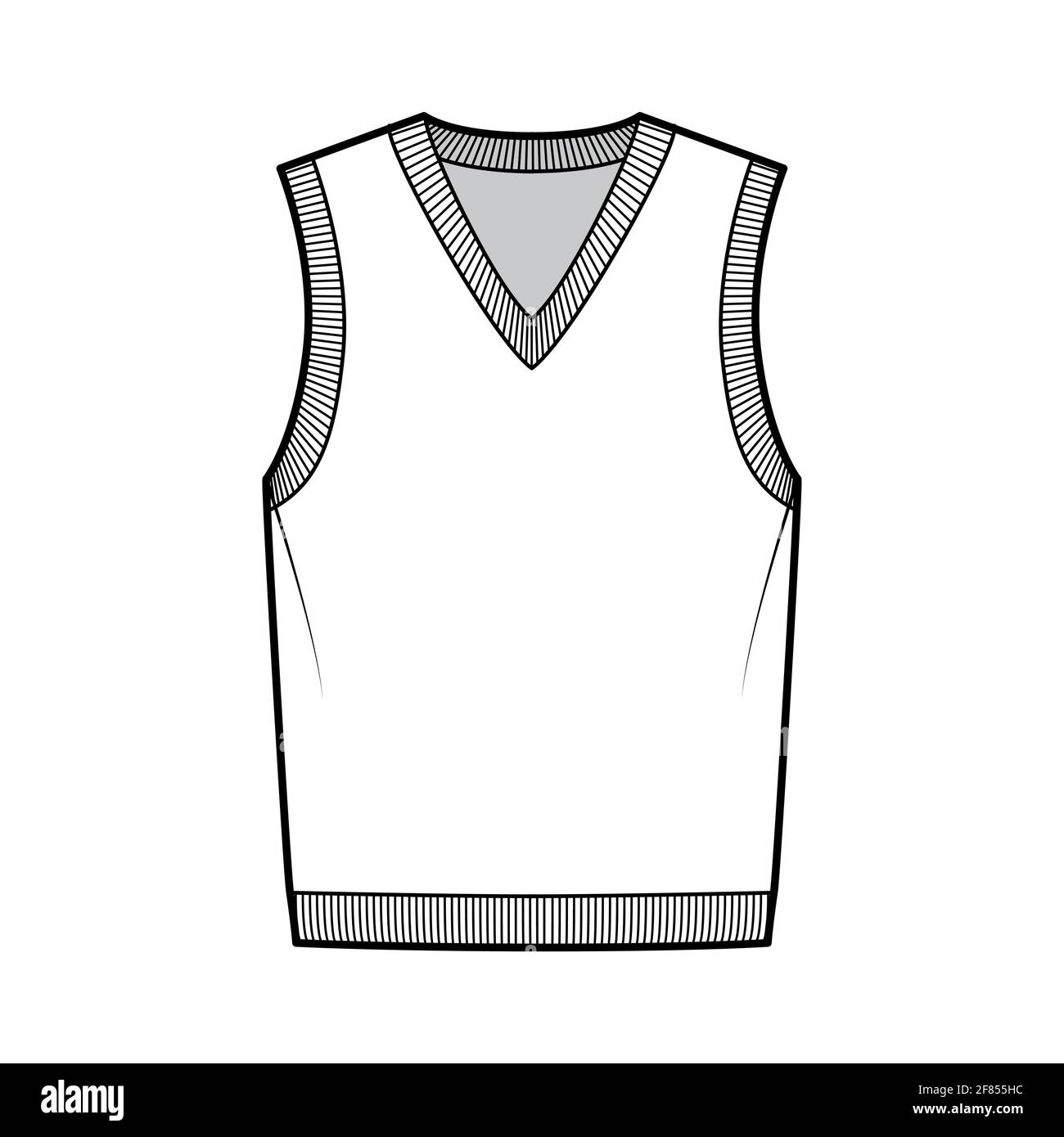 Pullover vest sweater waistcoat technical fashion illustration with sleeveless, rib knit V-neckline, oversized body. Flat template front, white color style. Women, men, unisex top CAD mockup Stock Vector