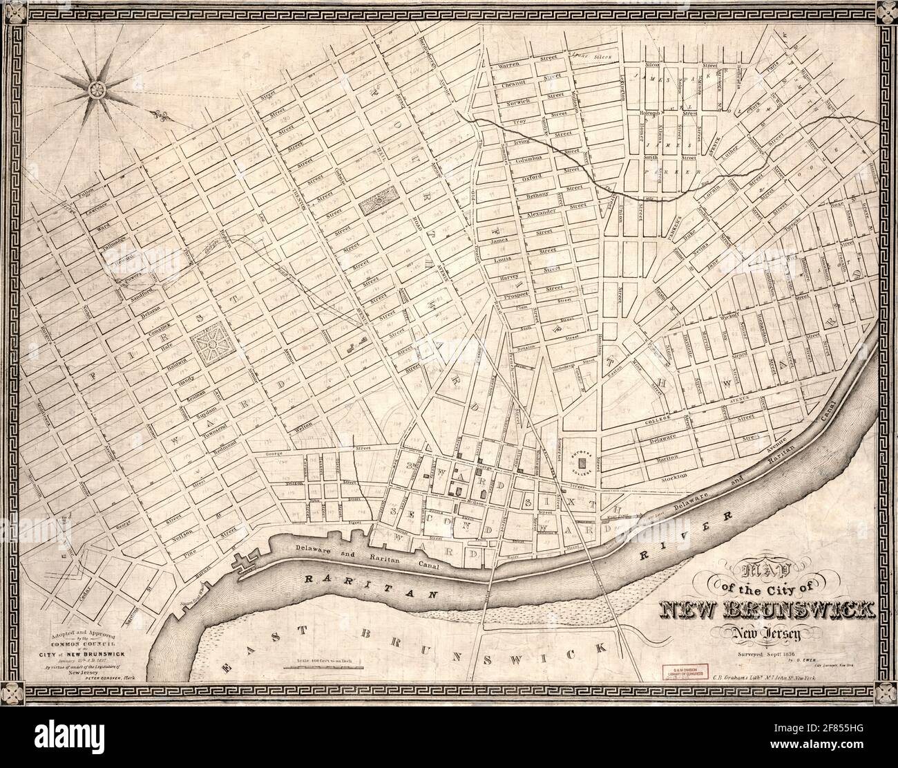 Map of the city of New Brunswick, New Jersey, circa 1837 Stock Photo