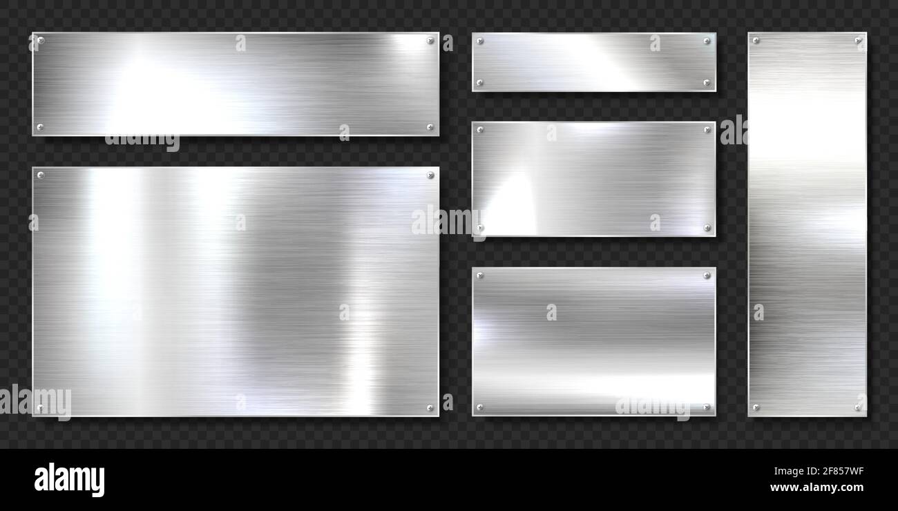 Realistic shiny metal banners set. Brushed steel plate with screws ...