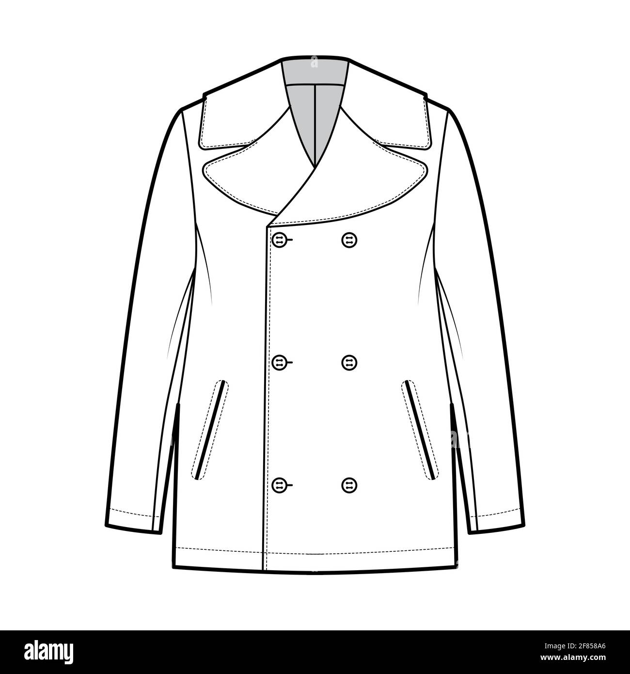 Pea overcoat technical fashion illustration with double breasted, fingertip length, oversized Stand up collar, jetted pockets. Flat jacket template front, white color. Women, men unisex top CAD mockup Stock Vector