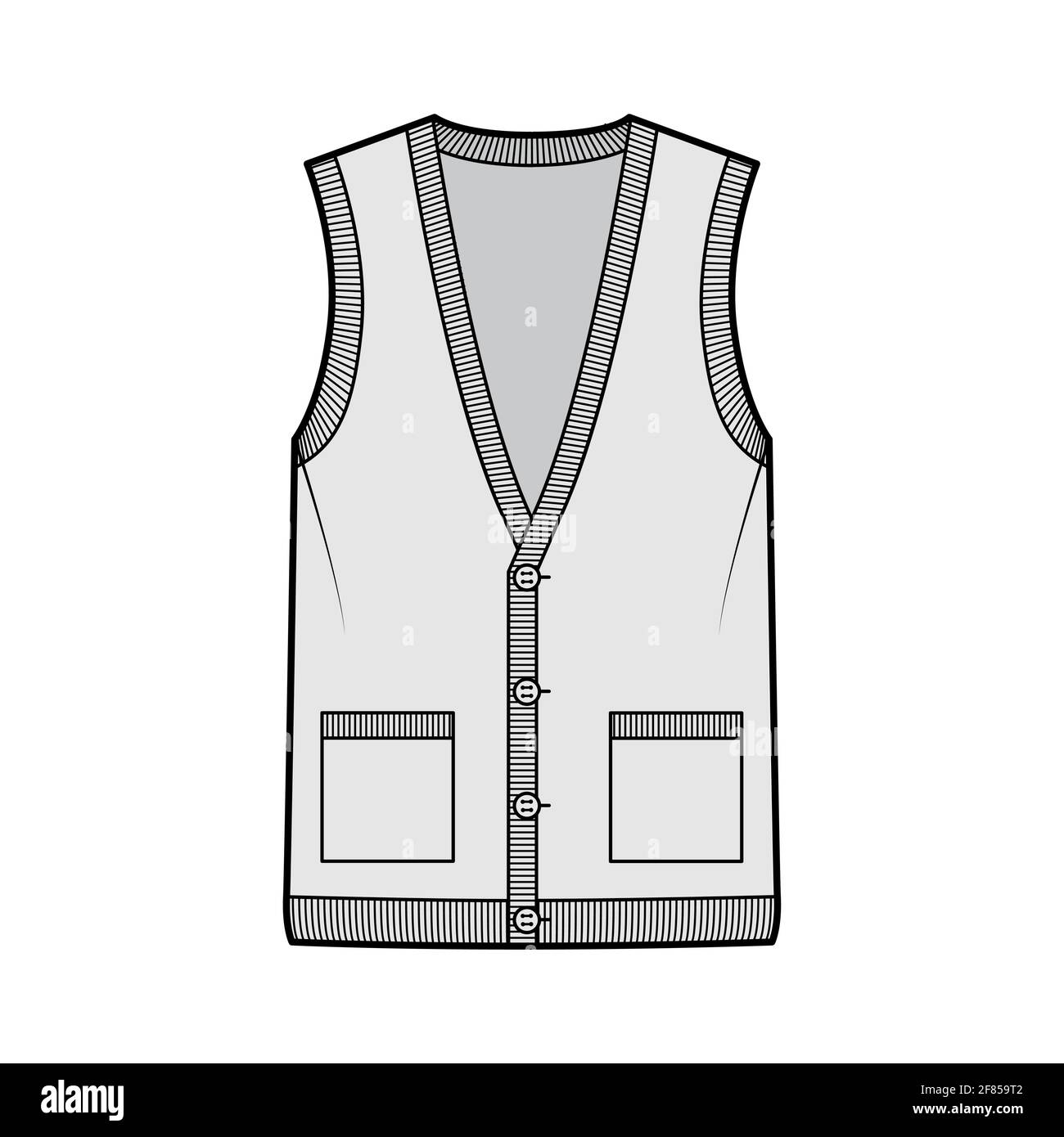 Cardigan vest sweater waistcoat technical fashion illustration with sleeveless, rib knit V-neckline, button closure, pockets. Flat template front, grey color style. Women, men, unisex top CAD mockup Stock Vector
