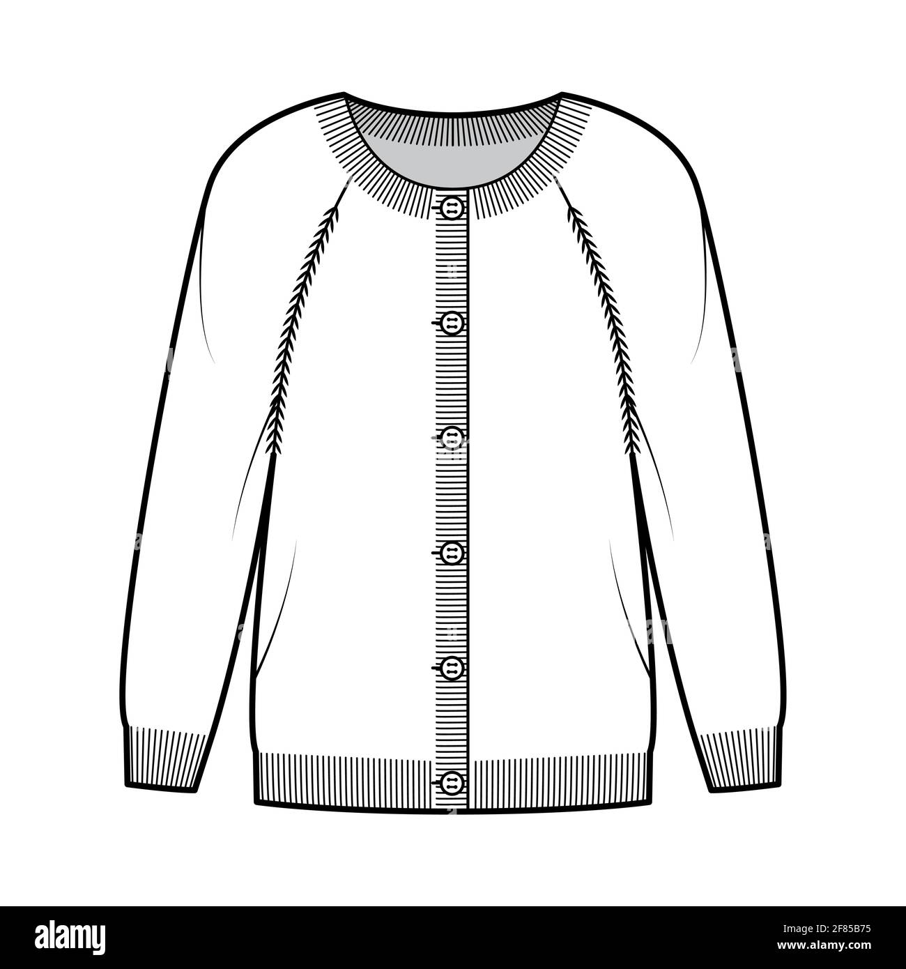 Round neck fashion illustration with button closure, long raglan sleeves, oversized, hip length. Flat Sweater apparel front, white Women, men unisex CAD mockup Stock Vector Image & Art -