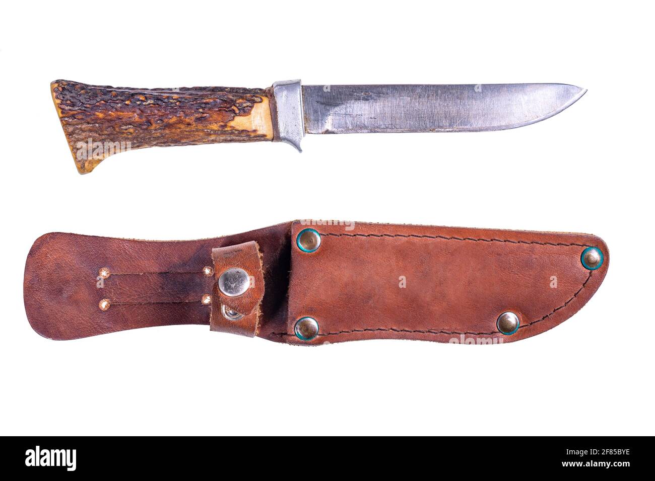 A hunting knife with a leather scabbard and a deer horn handle