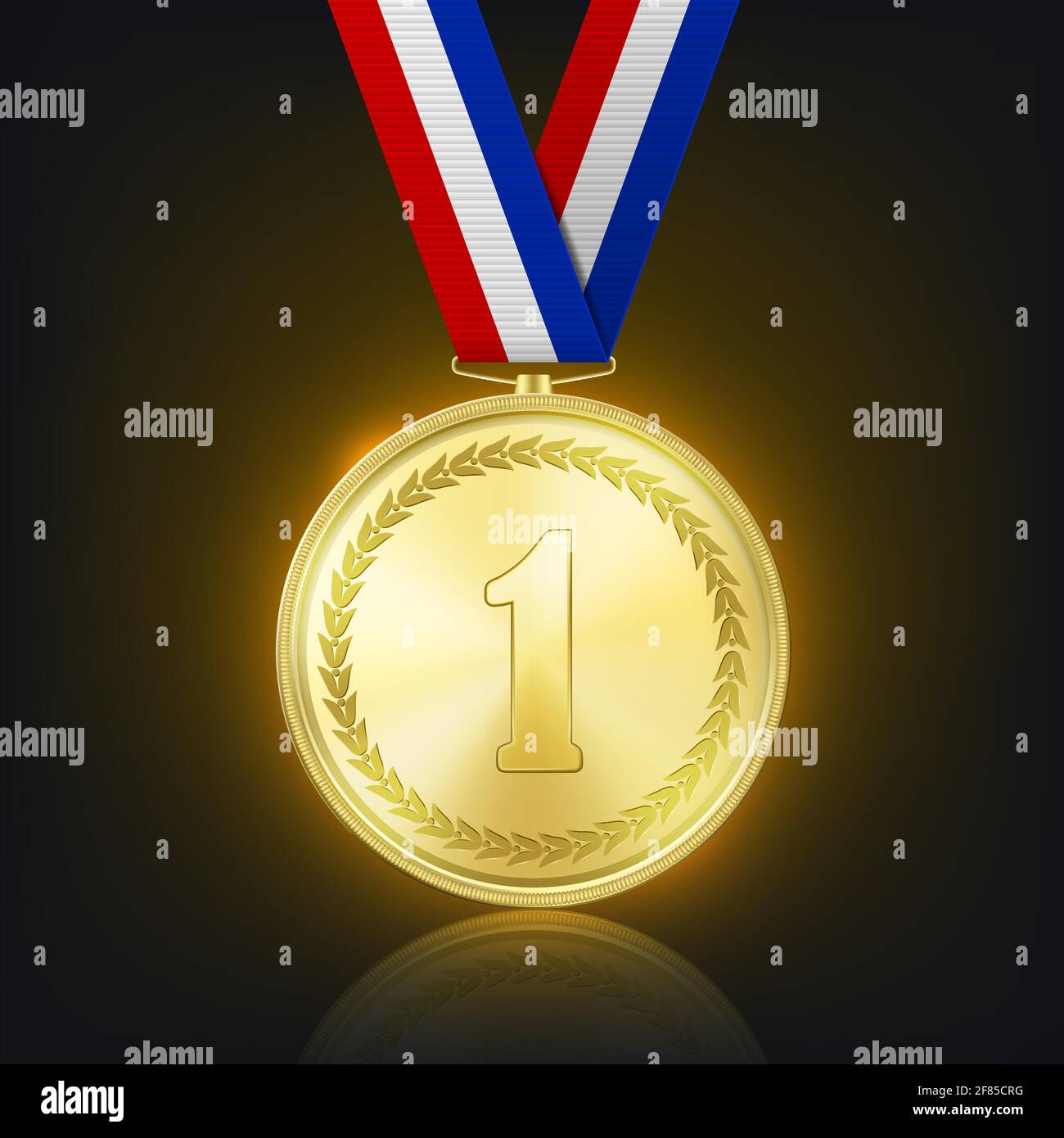 Vector 3d Realistic Shiny Golden Win Medal with Striped Ribbon on Dark Background with Reflection. Victory Concept. Glow First Place Badge Closeup on Stock Vector