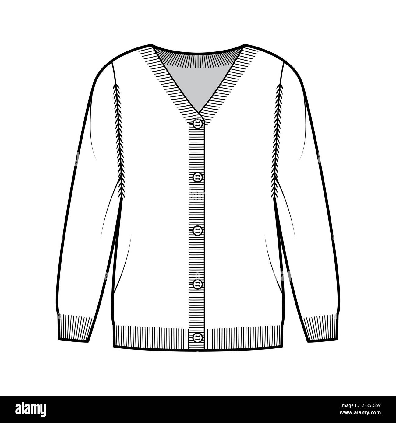 Sweater cardigan technical fashion illustration with V neck, long