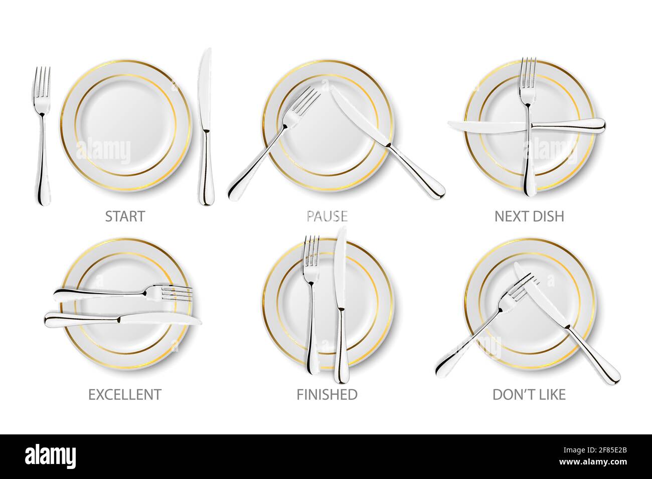 Vector 3d Realistic Ceramic, Porcelain White Plate with Golden Strip Set Isolated on White Background. Dining Etiquette. Forks and Knifes Signals. Top Stock Vector