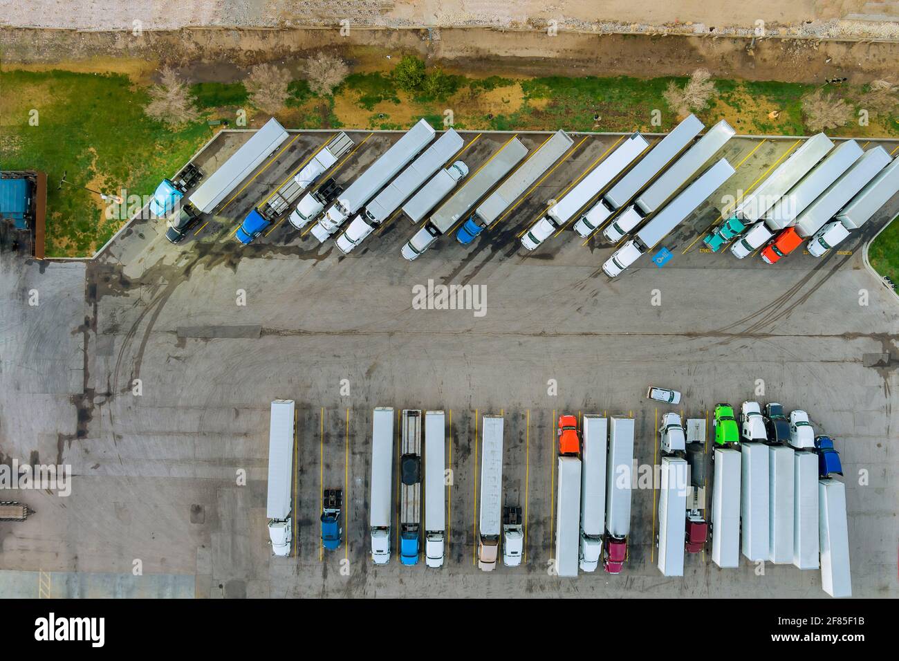 Aerial view of parking lot with trucks on transportation of truck rest