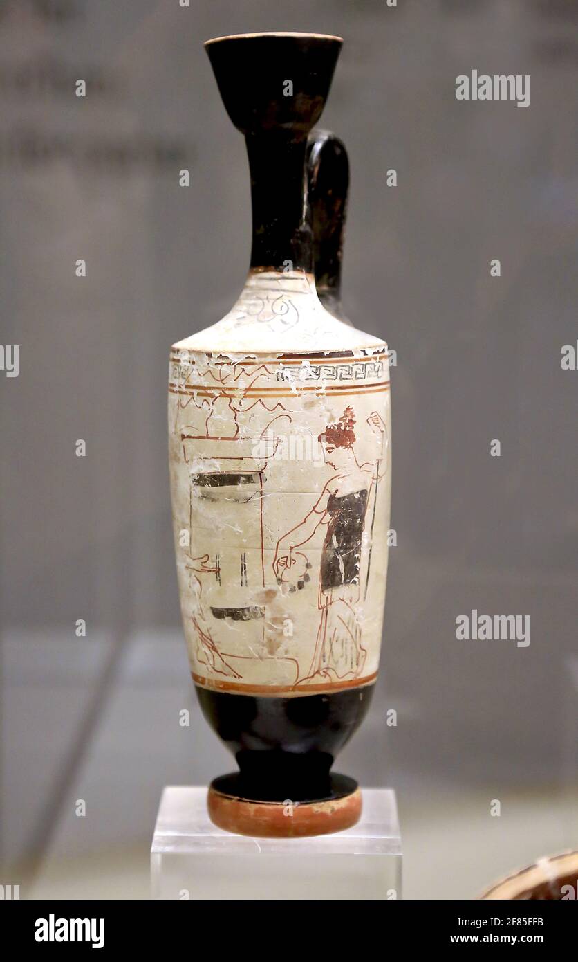 Lekythos with a white background. Greek pottery (6th-5th cent. BC). Red painter. Archaeology Museum of Catalonia,Barcelona, Spain. Stock Photo
