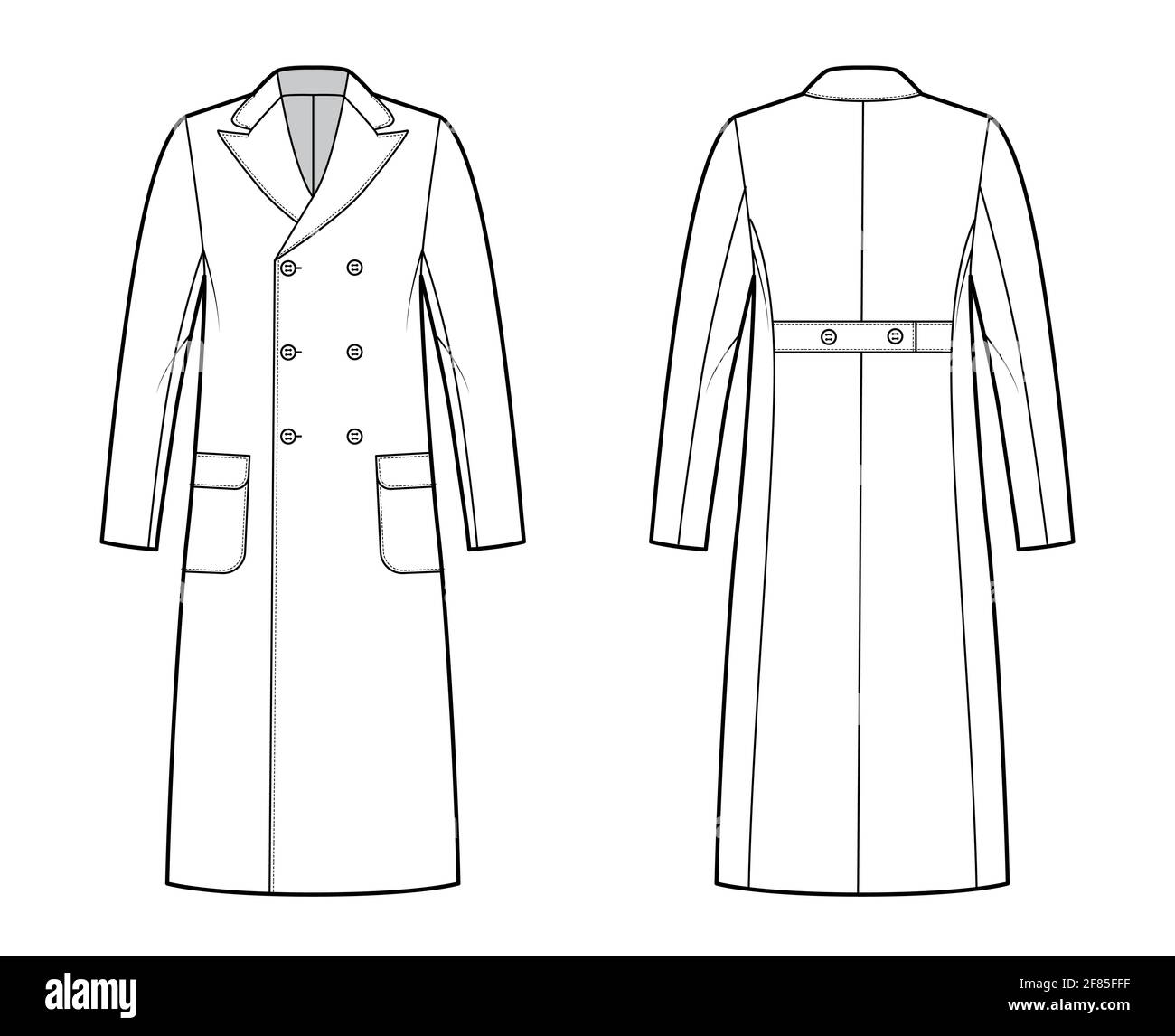Polo coat technical fashion illustration with double breasted, midi length,  round peak collar, flap patch pockets.