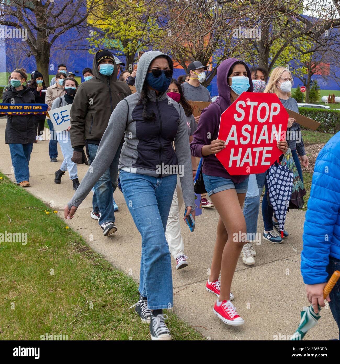 Troy, Michigan, USA. 11th Apr, 2021. A rally protests the increased violence and racism targeting Asian-Americans. The group Stop AAPI Hate has documented 3,800 hate incidents against Asian-Americans in just over a year, including the the killing of six Asian-American women and two others in Atlanta in March. Credit: Jim West/Alamy Live News Stock Photo