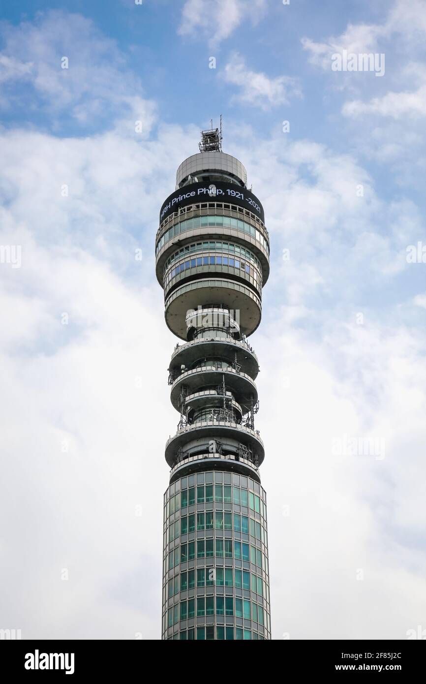 London, UK. 11 April 2021. The tribute is displayed on the BT Tower in Fitzrovia after the death of Prince Philip. Credit: Waldemar Sikora Stock Photo