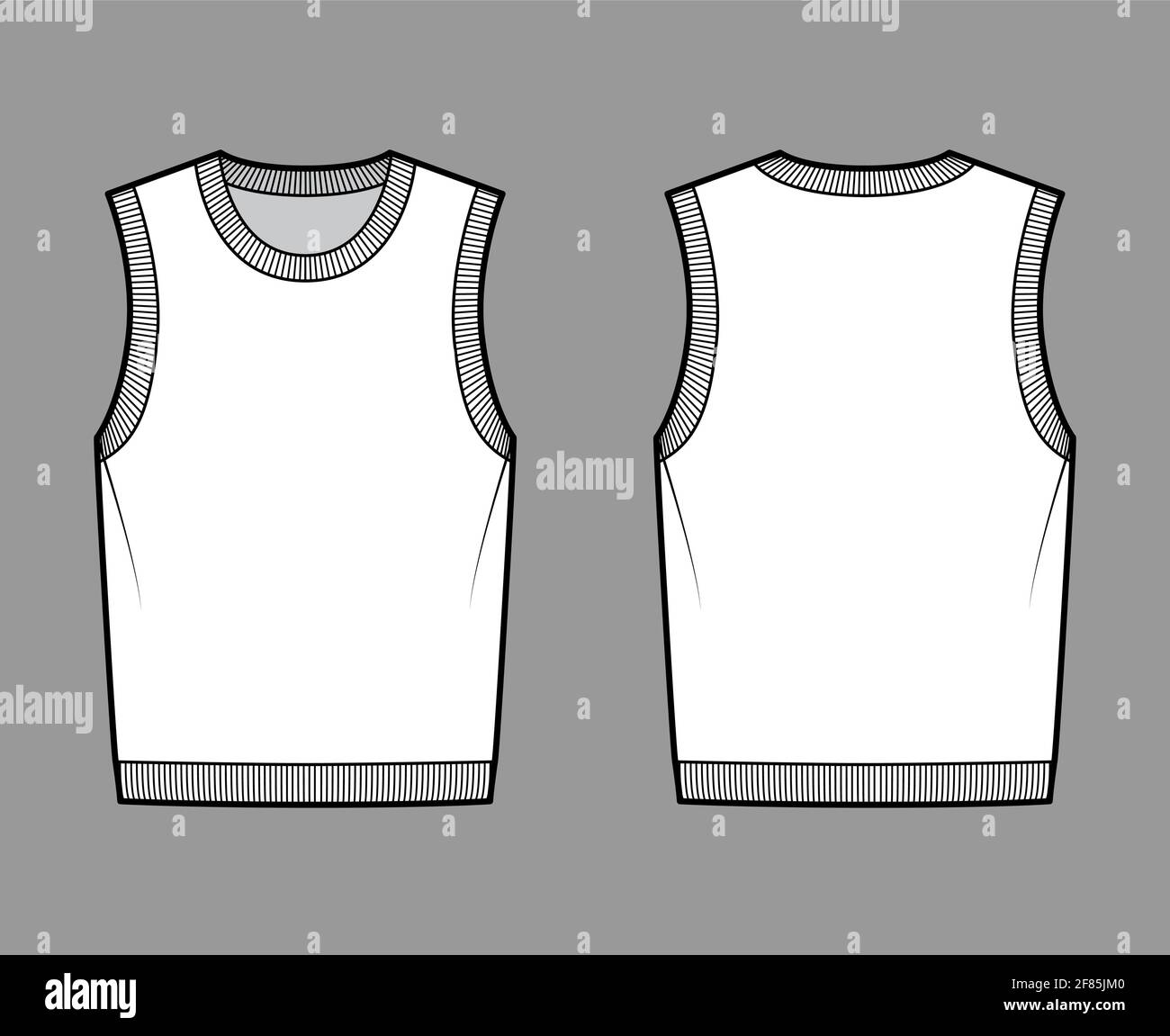 Pullover vest sweater waistcoat technical fashion illustration with sleeveless, rib knit round neckline, oversized body. Flat template front, back, white color style. Women, men, unisex top CAD mockup Stock Vector