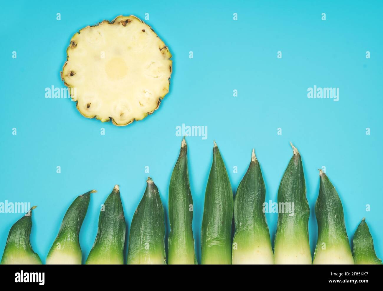 Fun minimalistic summer background with sun and gras on turquoise sky made by fresh pineapple Stock Photo