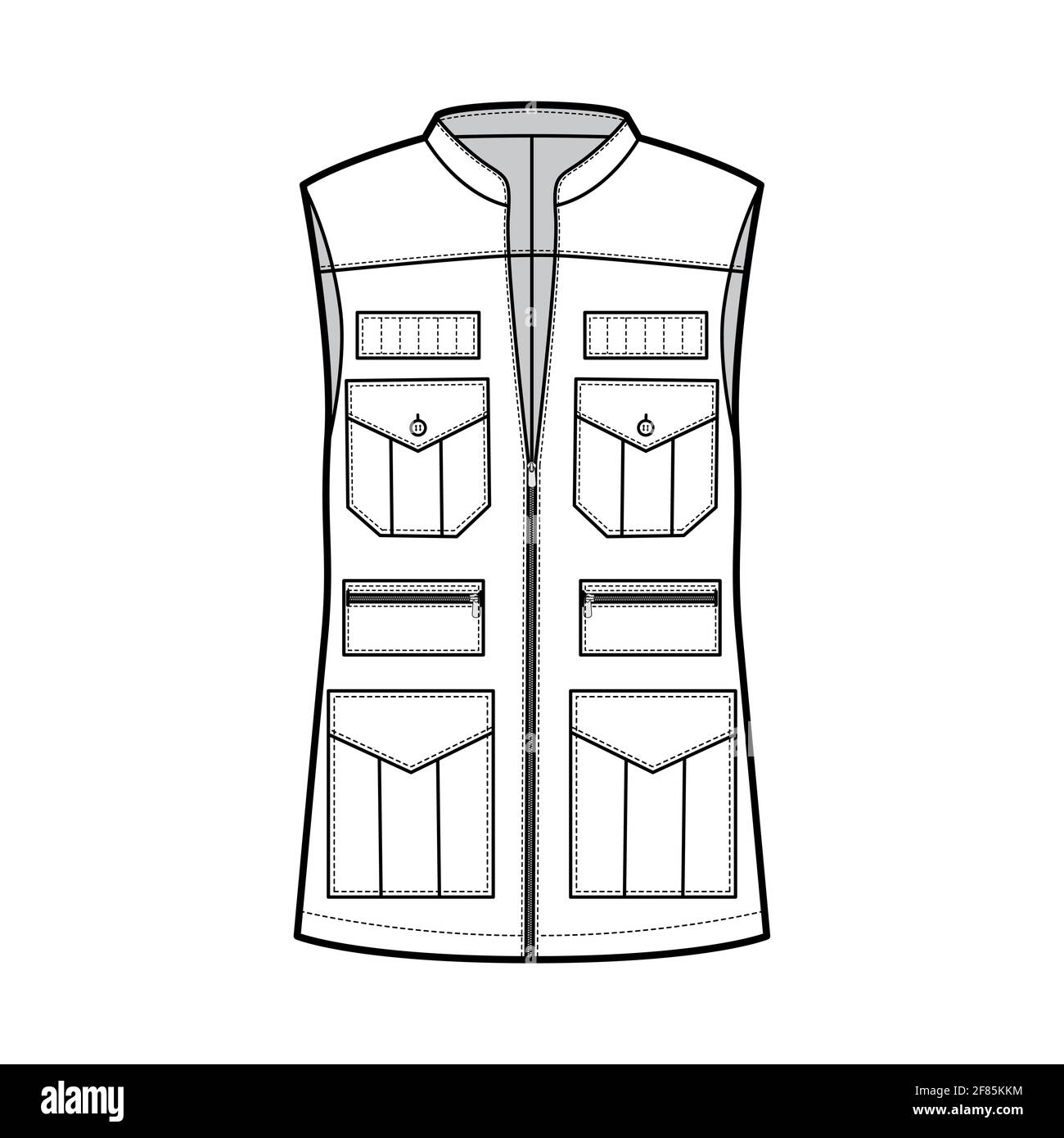 Safari vest waistcoat technical fashion illustration with sleeveless, stand collar, zip-up closure, pockets, oversized body. Flat template front, white color style. Women, men, unisex top CAD mockup Stock Vector