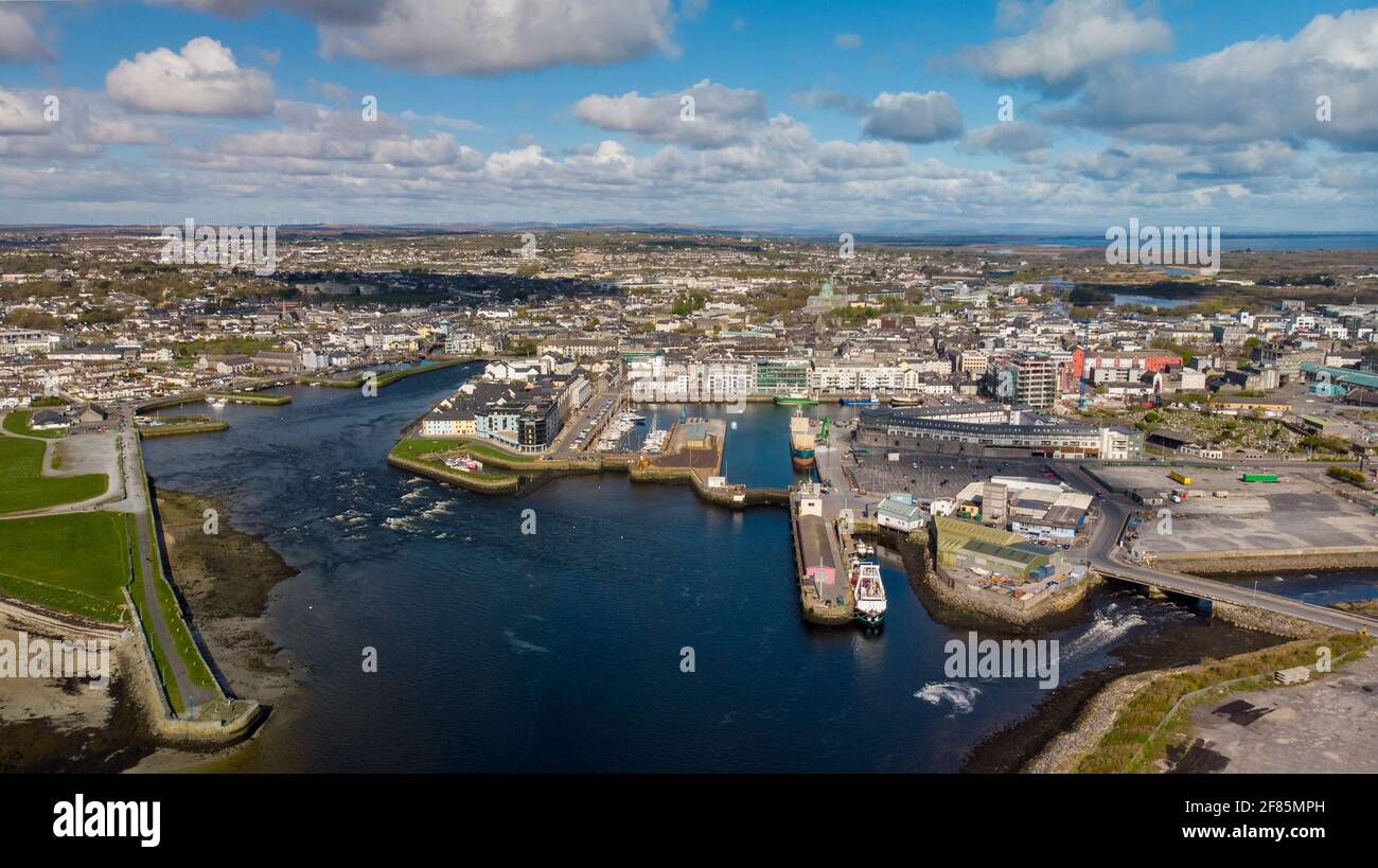 Aerial view of Galway city from Bay, with river Corrib, Claddagh and Docks. Stock Photo