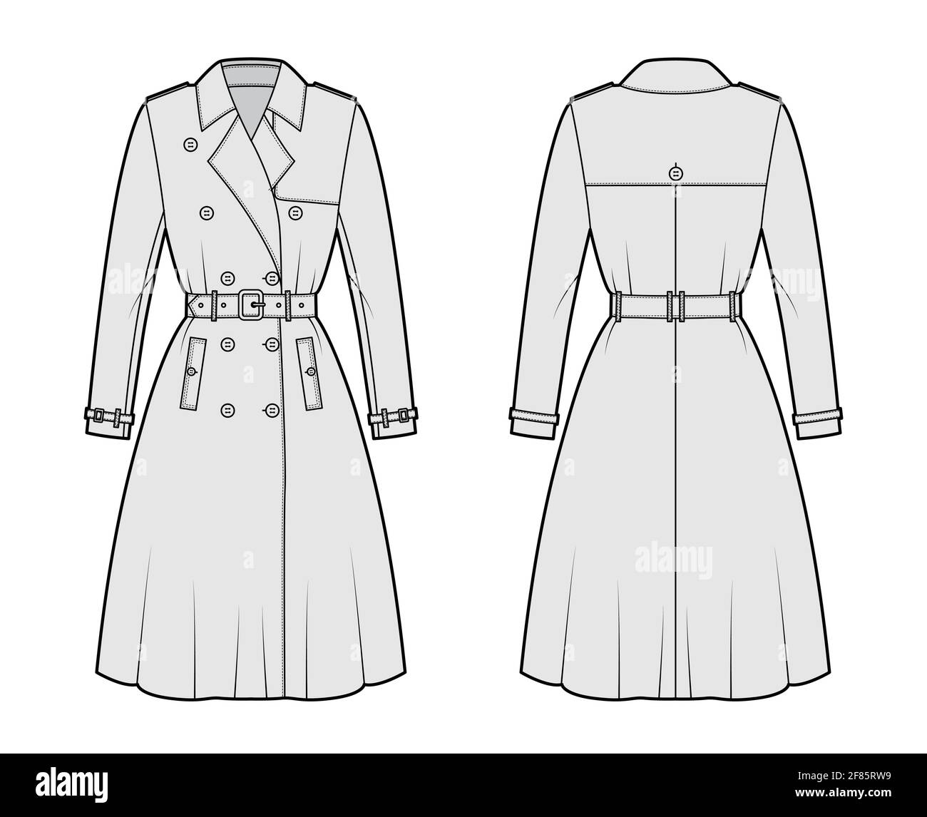 Full Trench coat technical fashion illustration with belt, double breasted, long sleeves, wide collar, knee length, storm flap. Flat template front, back, grey color style. Women, men top CAD mockup Stock Vector