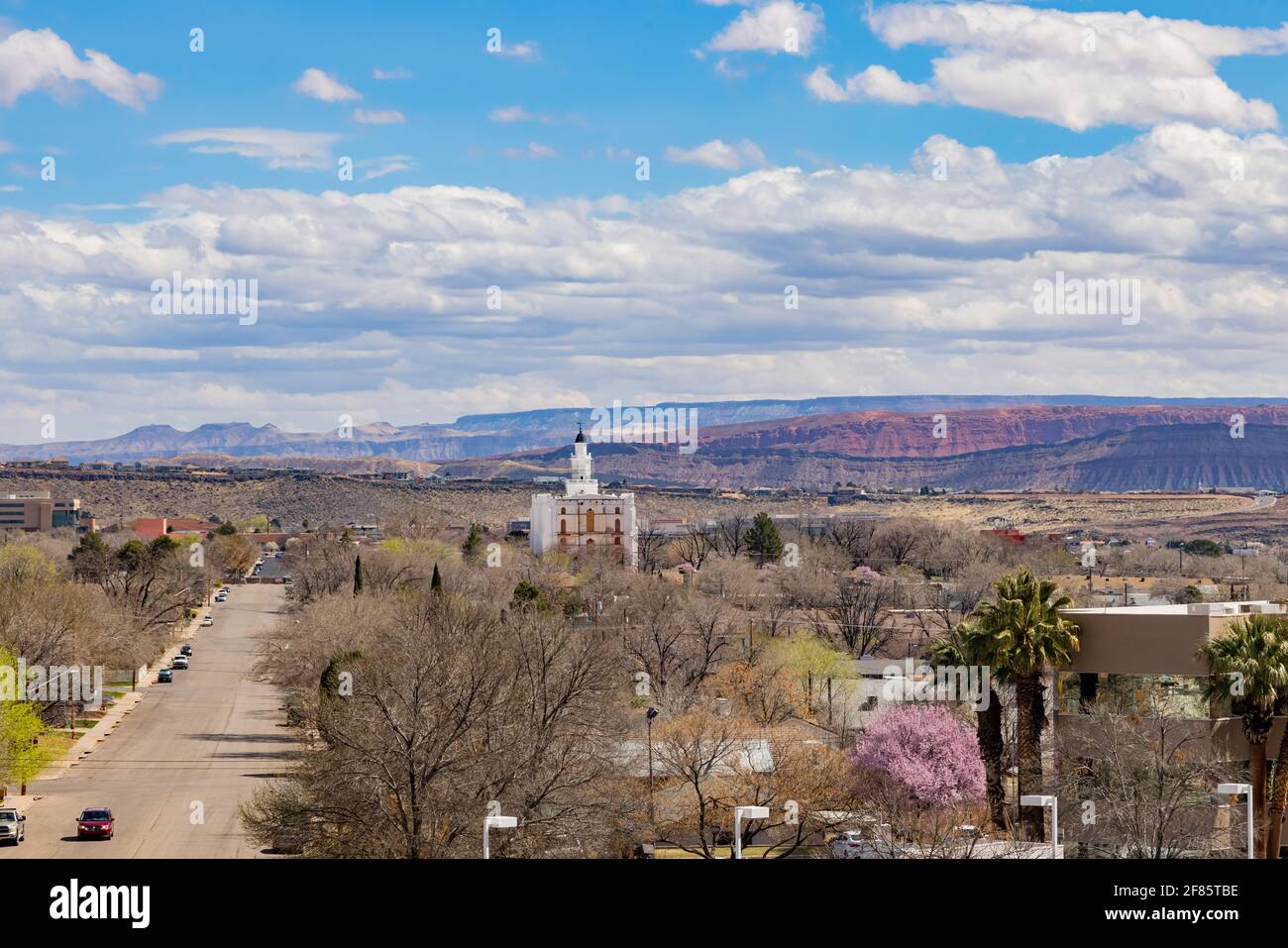 Aerial view of the cityscape of St George with the St. George Utah ...